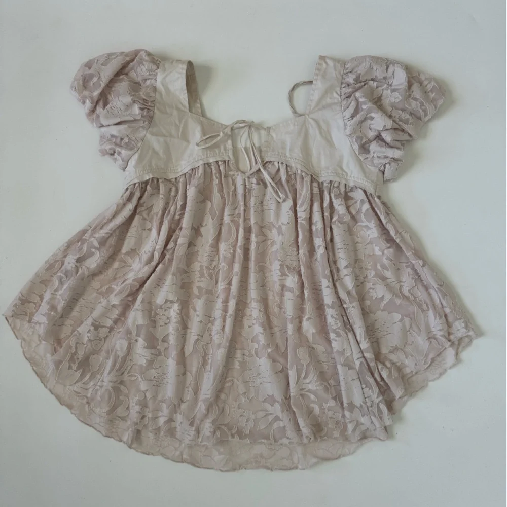 Free People Sunrise To Sunset Top XS Cream Lace Babydoll Boho Puff Sleeve